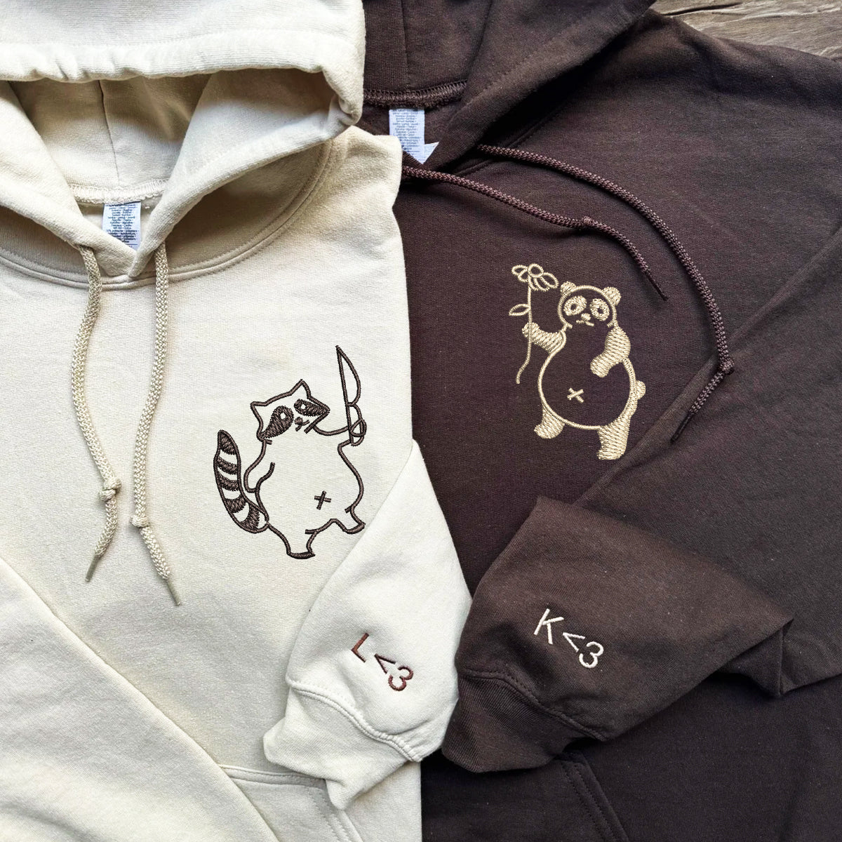 Panda and Raccoon Matching Hoodies for Couples - Custom Embroidered Sweatshirts