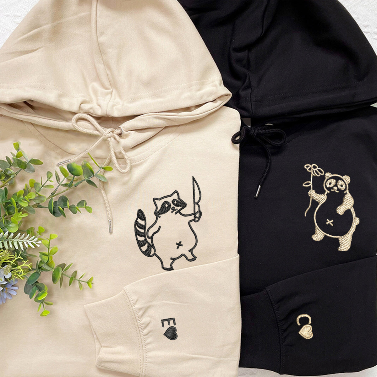 Panda and Raccoon Matching Hoodies for Couples - Custom Embroidered Sweatshirts