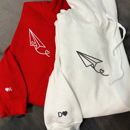 Paper Airplane Heart Matching Hoodies for Couples - Custom Embroidered Sweatshirts