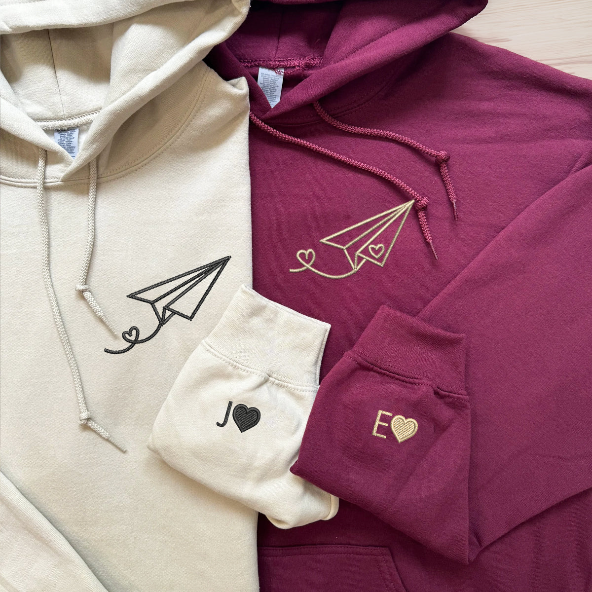 Paper Airplane Heart Matching Hoodies for Couples - Custom Embroidered Sweatshirts