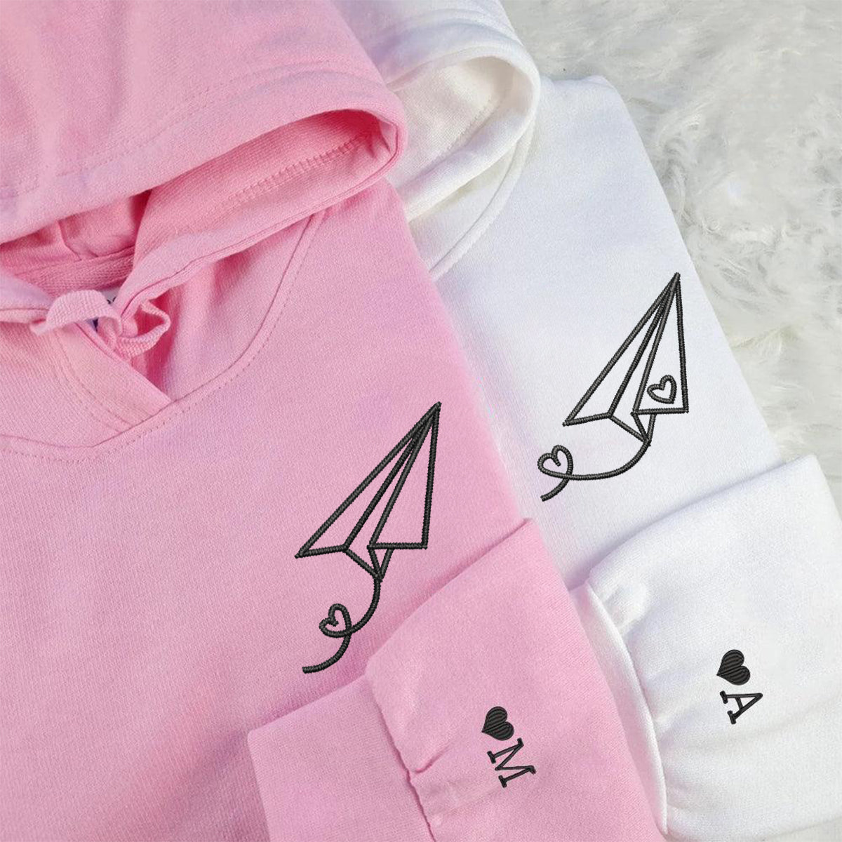 Paper Airplane Heart Matching Hoodies for Couples - Custom Embroidered Sweatshirts