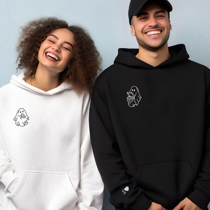 Pizza Loving Ghost Matching Hoodies for Couples - Custom Embroidered Sweatshirts