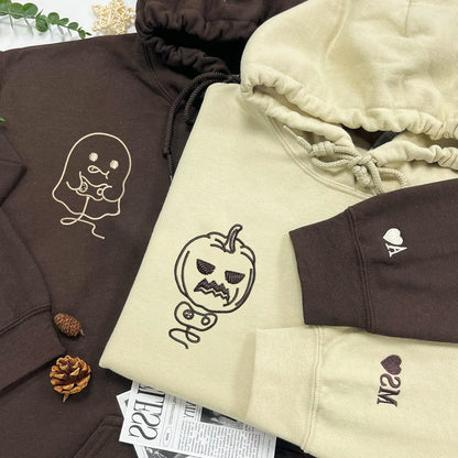 Pumpkin and Ghost Play Game Matching Hoodies for Couples - Custom Embroidered Sweatshirts