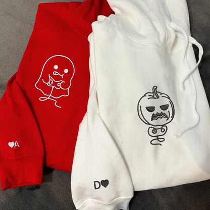 Pumpkin and Ghost Play Game Matching Hoodies for Couples - Custom Embroidered Sweatshirts