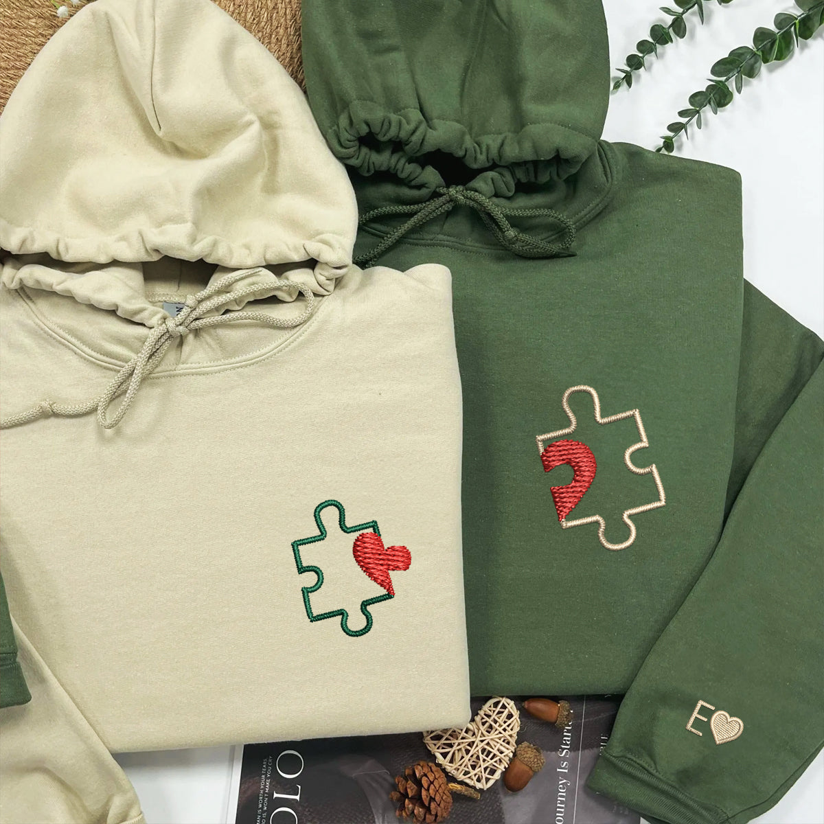 Puzzle Heart Matching Hoodies for Couples - Custom Embroidered Sweatshirts