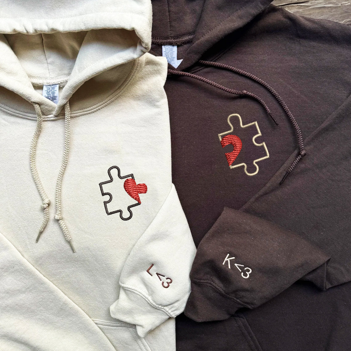 Puzzle Heart Matching Hoodies for Couples - Custom Embroidered Sweatshirts