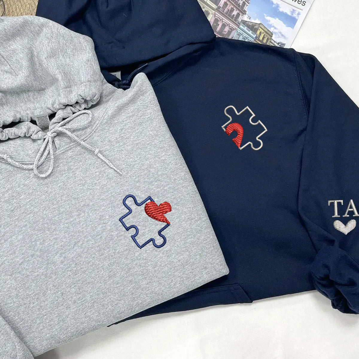 Puzzle Heart Matching Hoodies for Couples - Custom Embroidered Sweatshirts