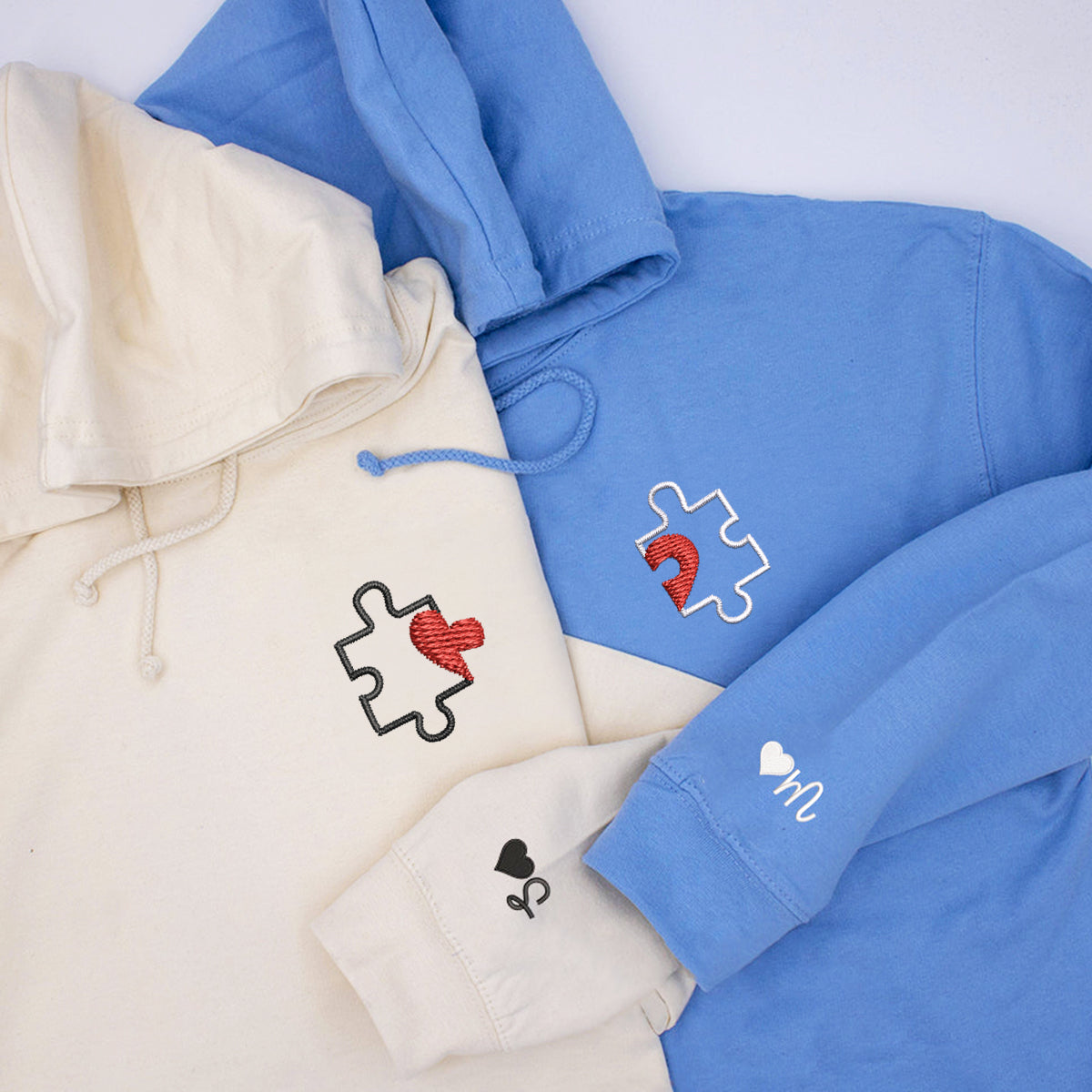 Puzzle Heart Matching Hoodies for Couples - Custom Embroidered Sweatshirts