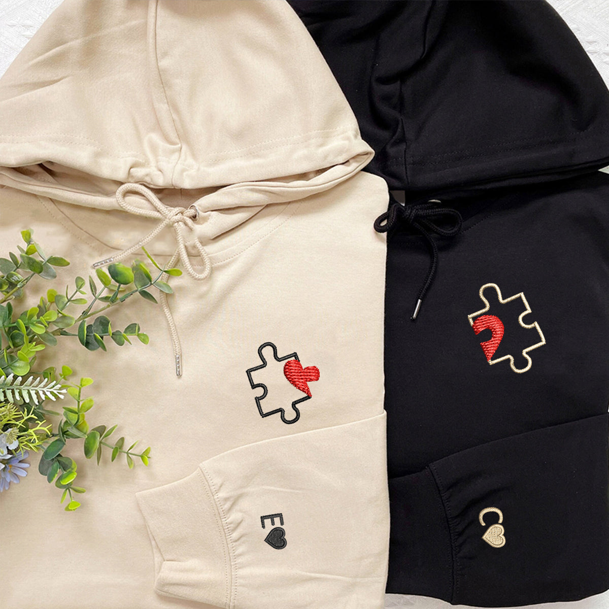 Puzzle Heart Matching Hoodies for Couples - Custom Embroidered Sweatshirts