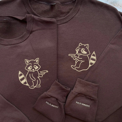 Raccoon Guns Matching Hoodies for Couples - Custom Embroidered Sweatshirts