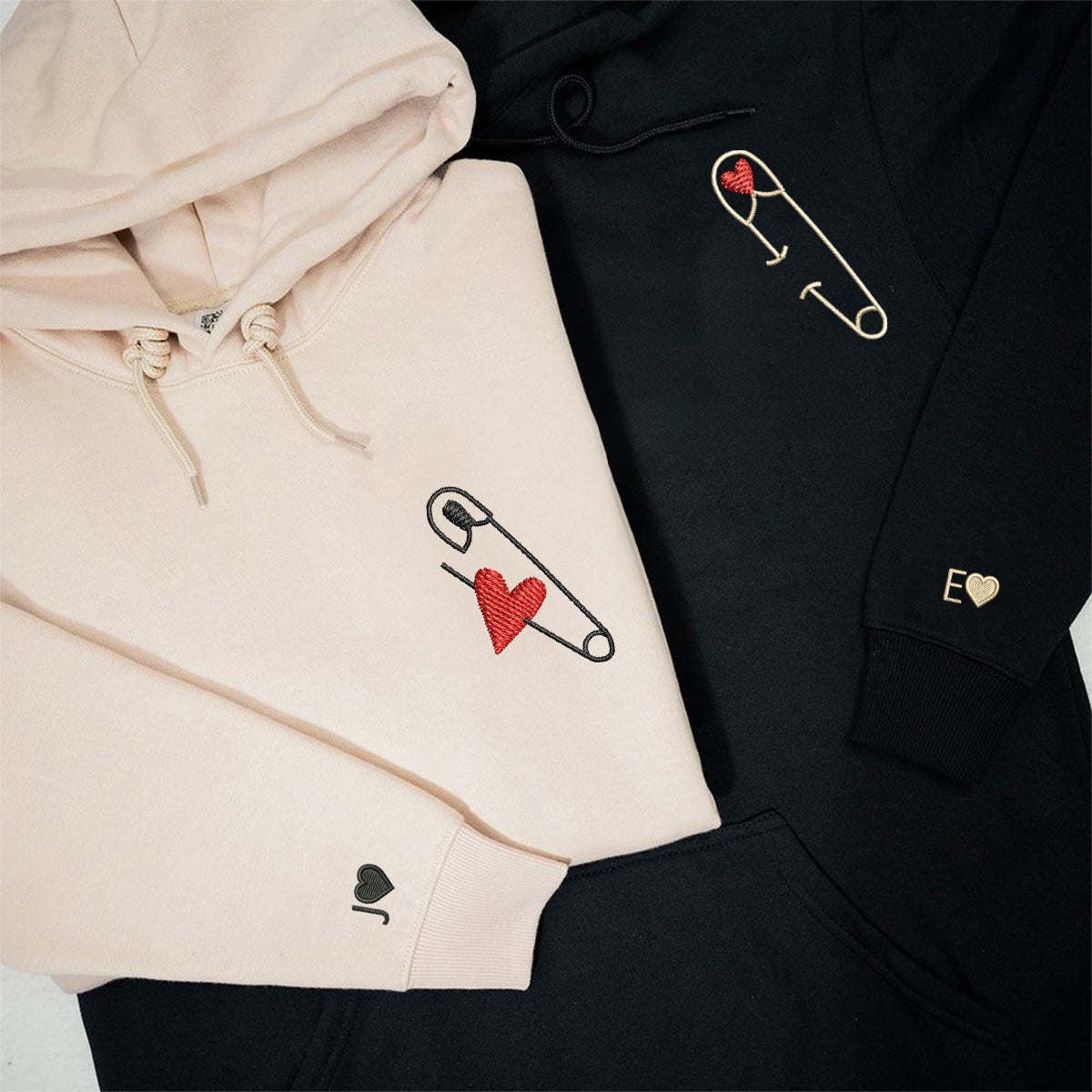 Safety Pin Love Matching Hoodies for Couples - Custom Embroidered Sweatshirts