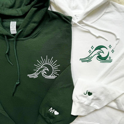 Sea Wave Sun and Moon Matching Hoodies for Couples - Custom Embroidered Sweatshirts