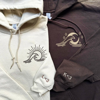 Sea Wave Sun and Moon Matching Hoodies for Couples - Custom Embroidered Sweatshirts