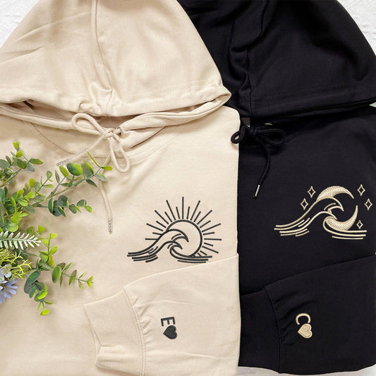 Sea Wave Sun and Moon Matching Hoodies for Couples - Custom Embroidered Sweatshirts