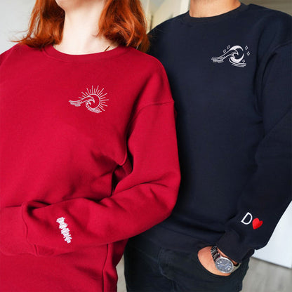 Sea Wave Sun and Moon Matching Hoodies for Couples - Custom Embroidered Sweatshirts