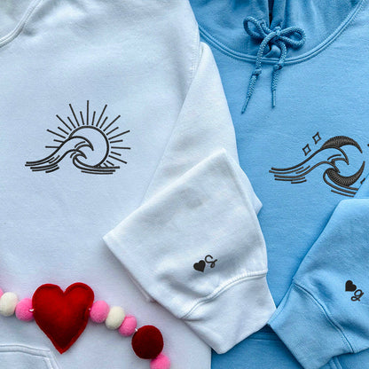 Sea Wave Sun and Moon Matching Hoodies for Couples - Custom Embroidered Sweatshirts