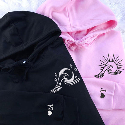 Sea Wave Sun and Moon Matching Hoodies for Couples - Custom Embroidered Sweatshirts