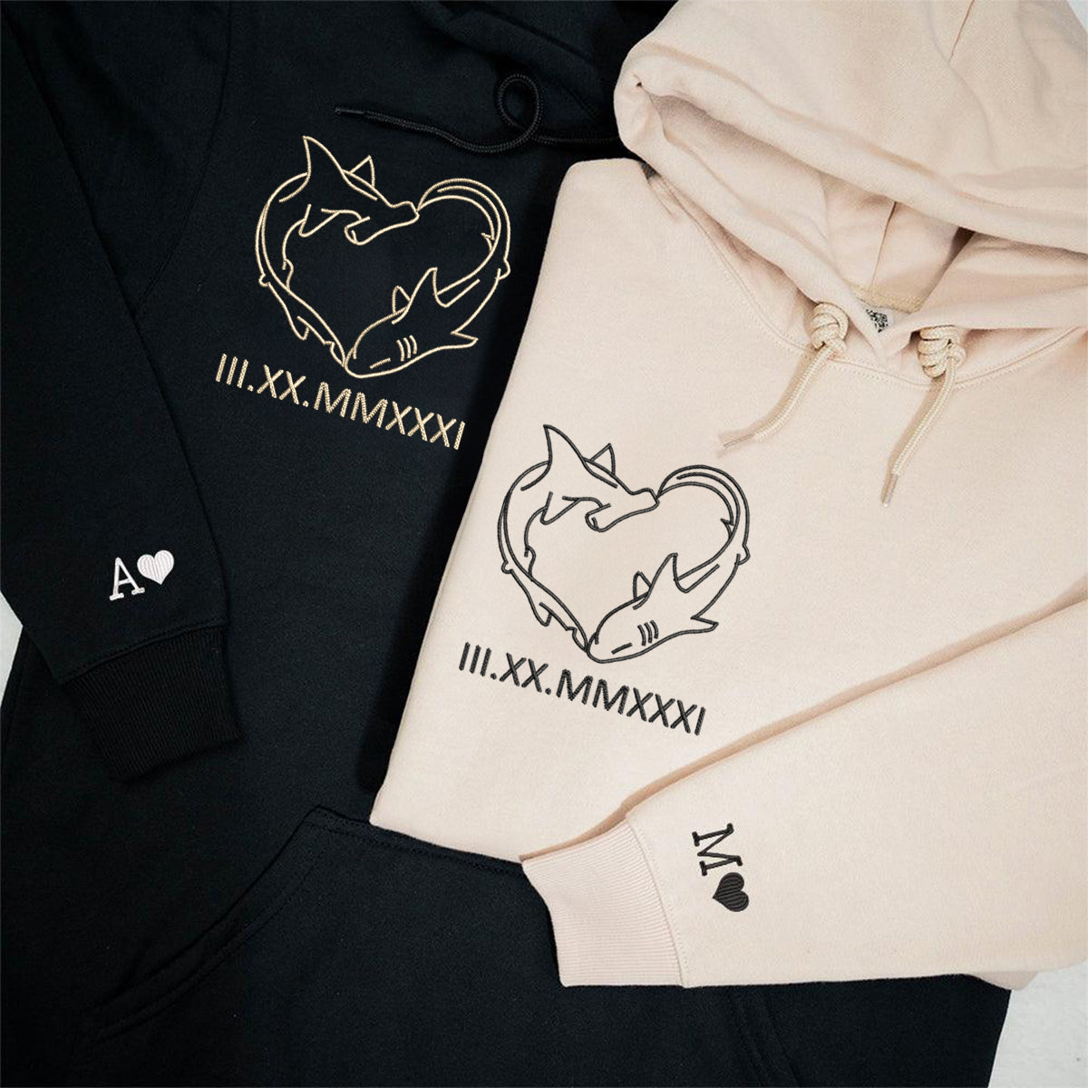 Shark Love Roman Numeral Matching Hoodies for Couples - Custom Embroidered Sweatshirts