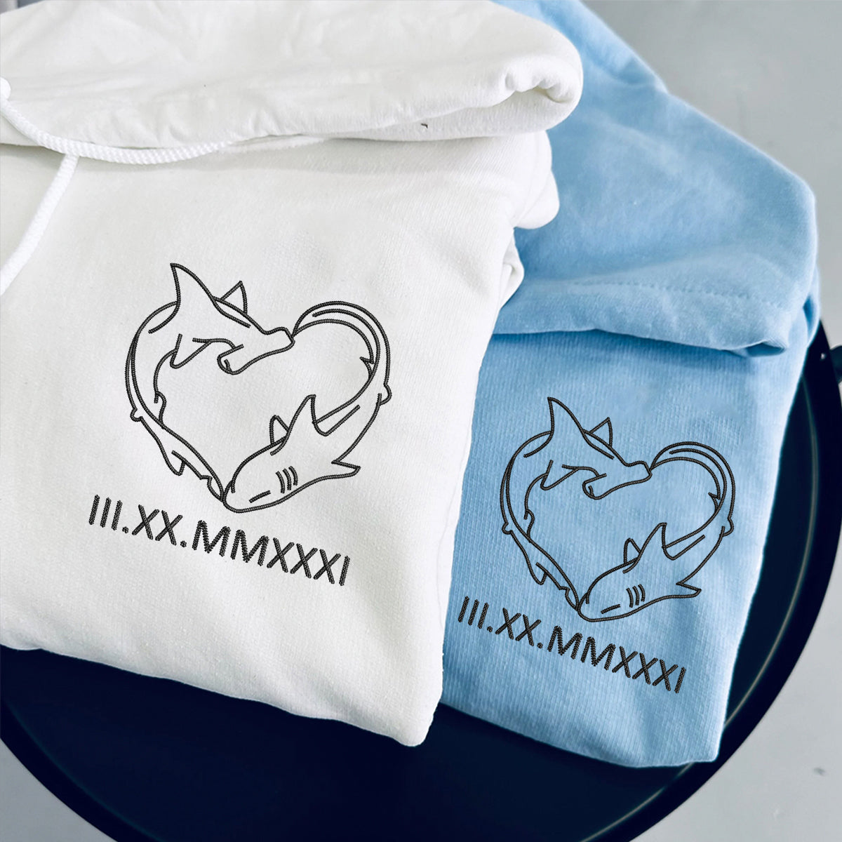 Shark Love Roman Numeral Matching Hoodies for Couples - Custom Embroidered Sweatshirts