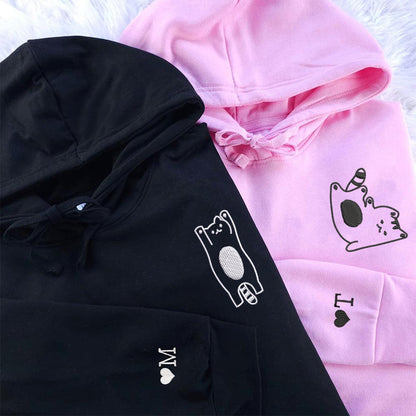 Silly Cat Matching Hoodies for Couples - Custom Embroidered Sweatshirts