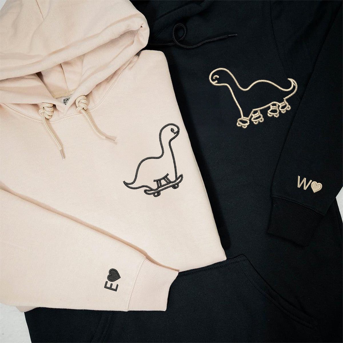 Skater Dino Matching Hoodies for Couples - Custom Embroidered Sweatshirts