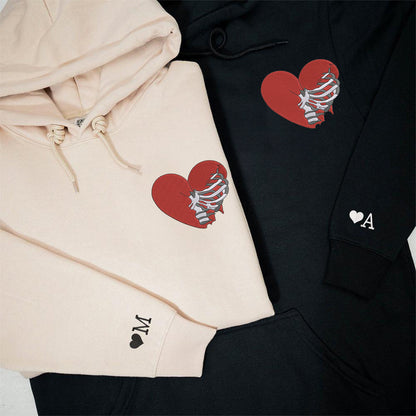 Skeleton Rib Heart Matching Hoodies for Couples - Custom Embroidered Sweatshirts