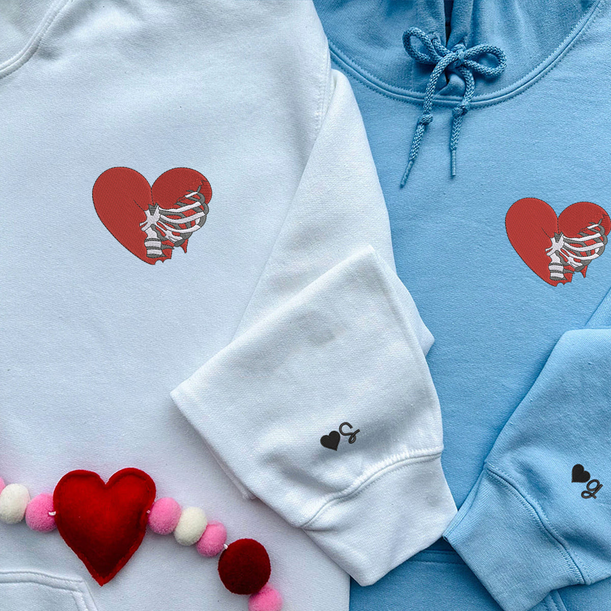 Skeleton Rib Heart Matching Hoodies for Couples - Custom Embroidered Sweatshirts