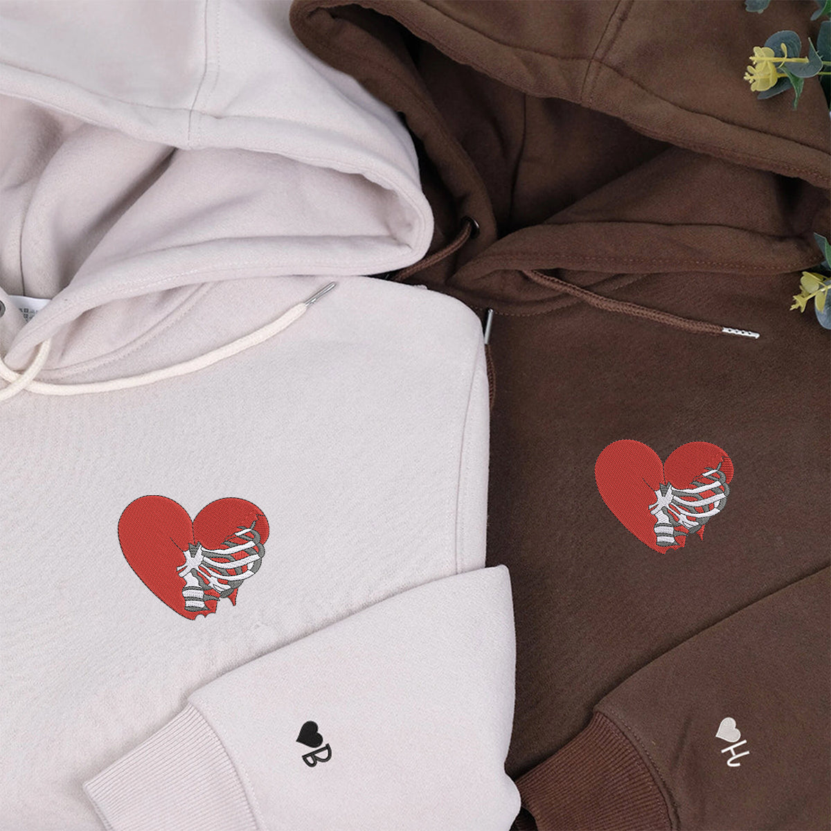 Skeleton Rib Heart Matching Hoodies for Couples - Custom Embroidered Sweatshirts