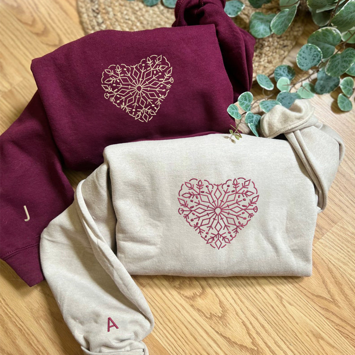 Snowflake Heart Matching Hoodies for Couples - Custom Embroidered Couple Sweatshirts