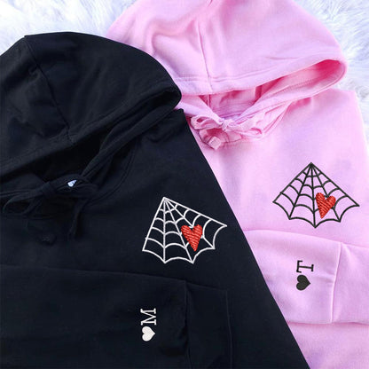 Spider Web Love Red Heart Matching Hoodies for Couples - Custom Embroidered Sweatshirts