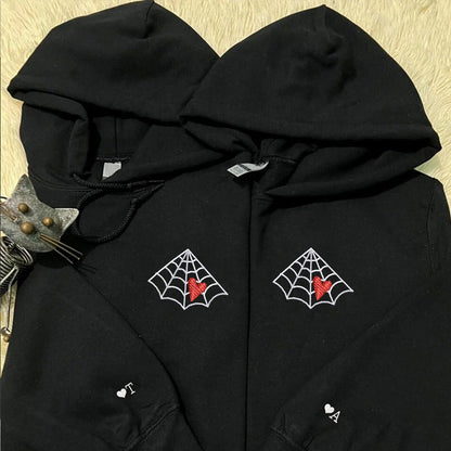 Spider Web Love Red Heart Matching Hoodies for Couples - Custom Embroidered Sweatshirts