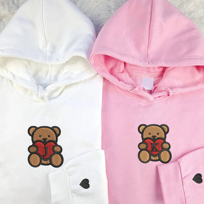 Teddy Bear Heart Matching Hoodies for Couples - Custom Embroidered Sweatshirts