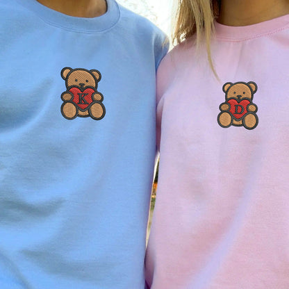 Teddy Bear Heart Matching Hoodies for Couples - Custom Embroidered Sweatshirts