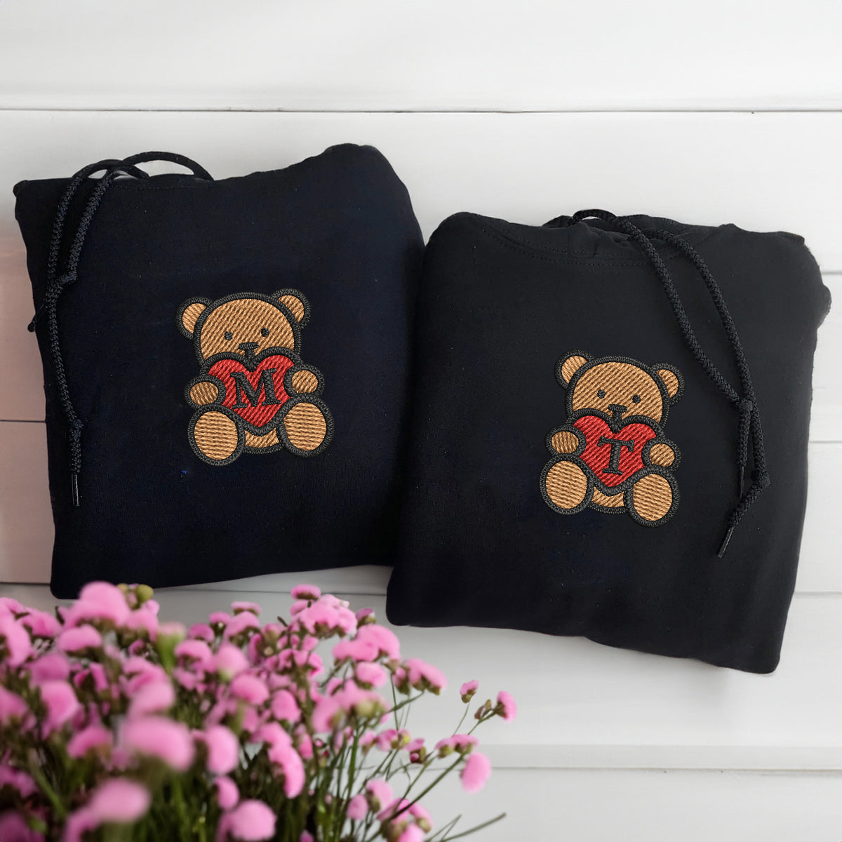 Teddy Bear Heart Matching Hoodies for Couples - Custom Embroidered Sweatshirts