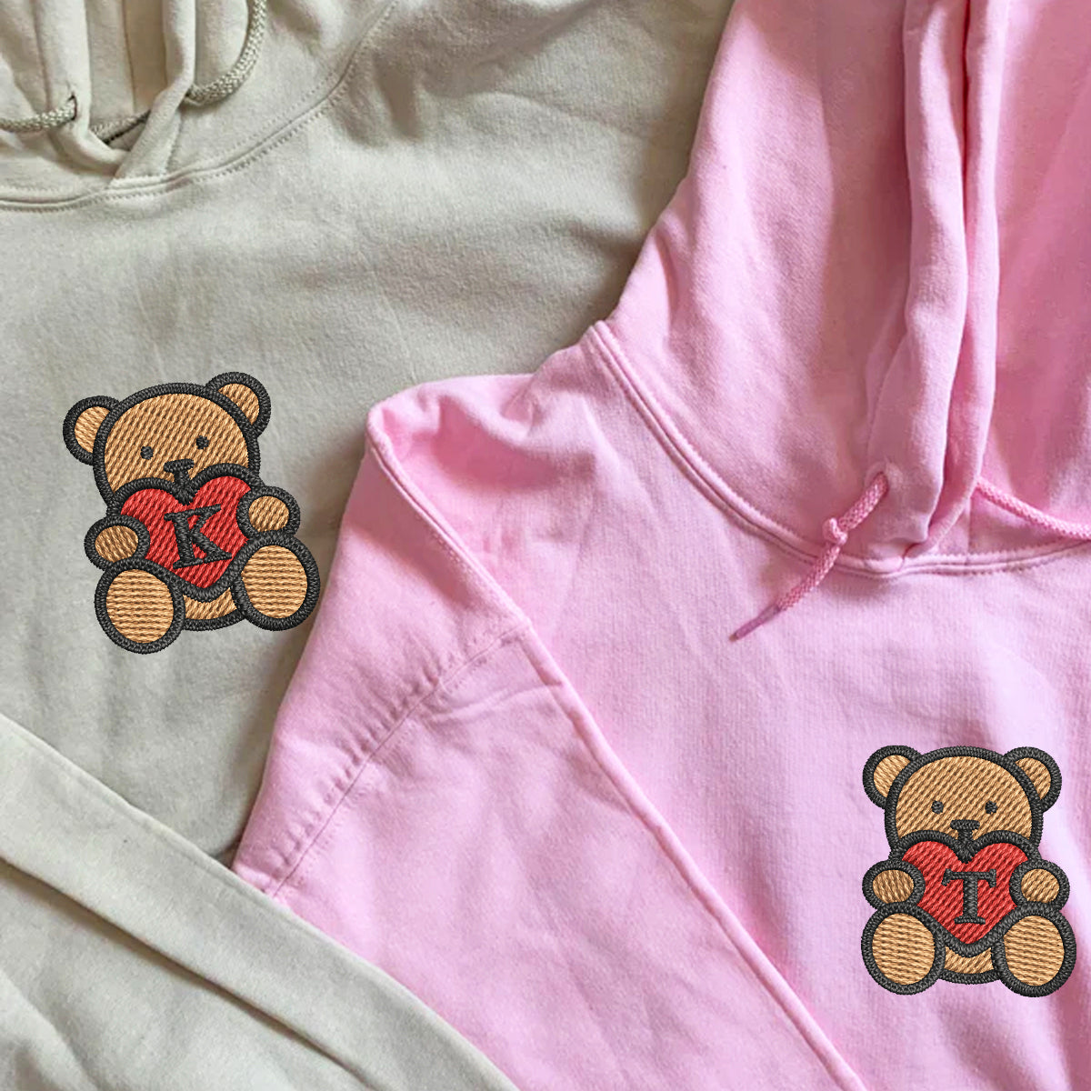 Teddy Bear Heart Matching Hoodies for Couples - Custom Embroidered Sweatshirts