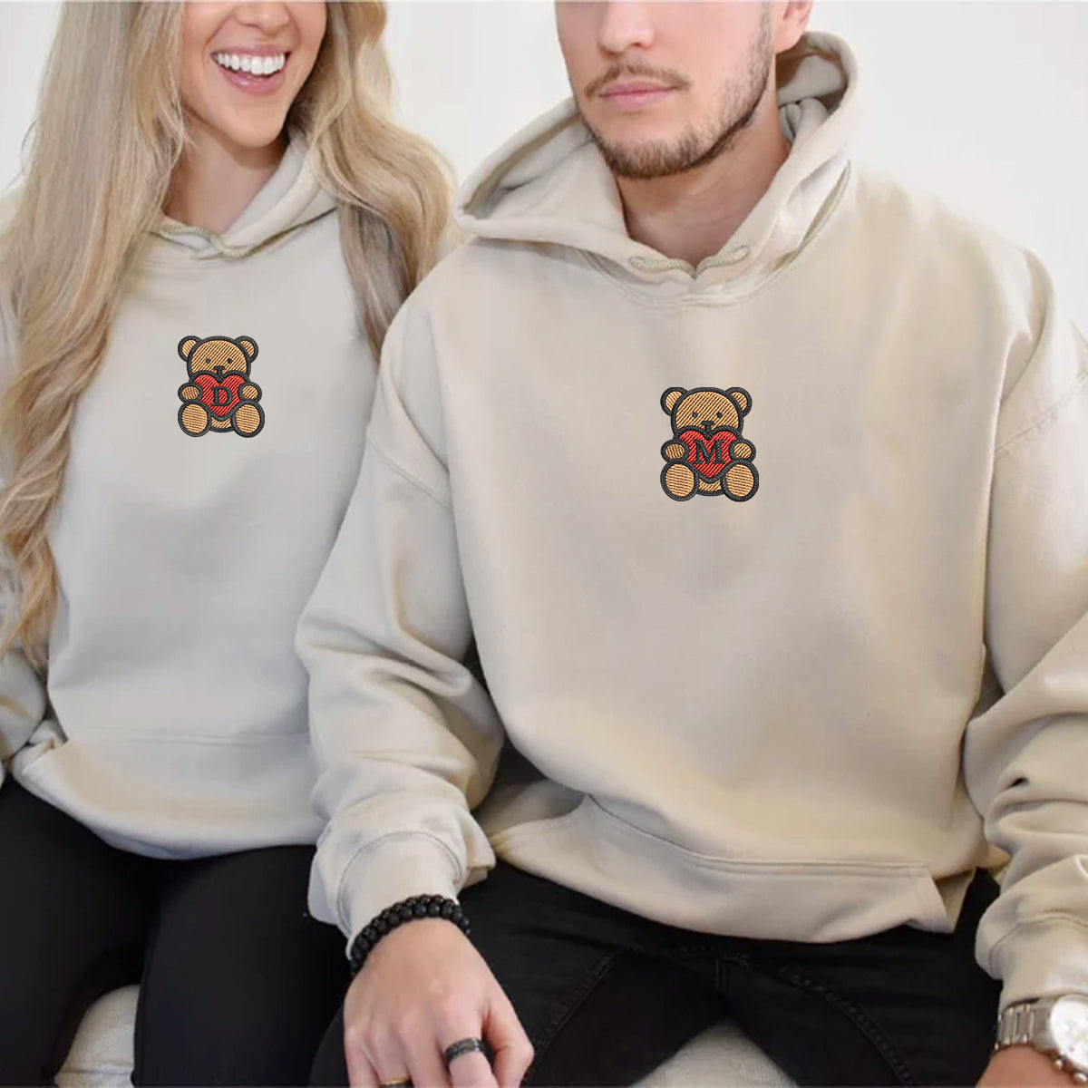 Teddy Bear Heart Matching Hoodies for Couples - Custom Embroidered Sweatshirts