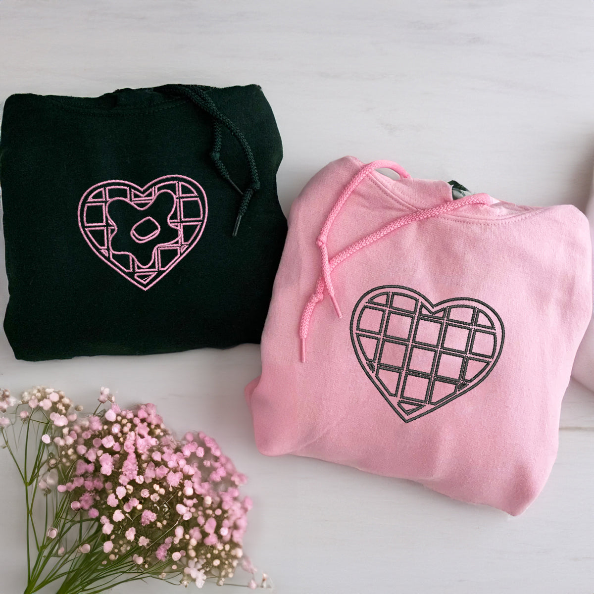 Waffle Hearts Matching Hoodies for Couples - Custom Embroidered Sweatshirts