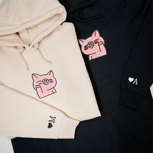 Waving Pigs Matching Hoodies for Couples - Custom Embroidered Sweatshirts