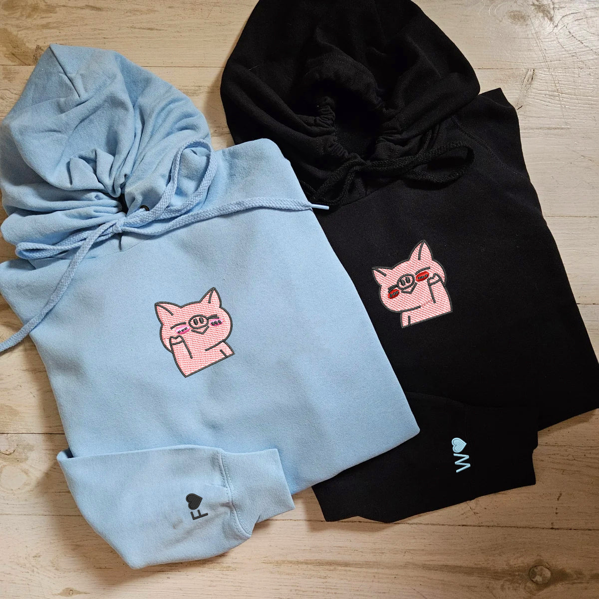 Waving Pigs Matching Hoodies for Couples - Custom Embroidered Sweatshirts