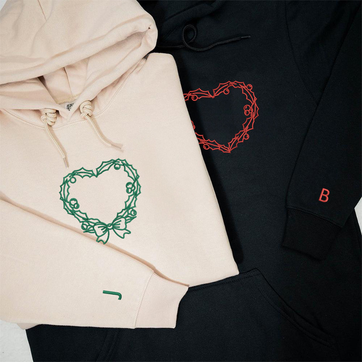 Wreath Hearts Matching Hoodies for Couples - Custom Embroidered Couple Sweatshirts