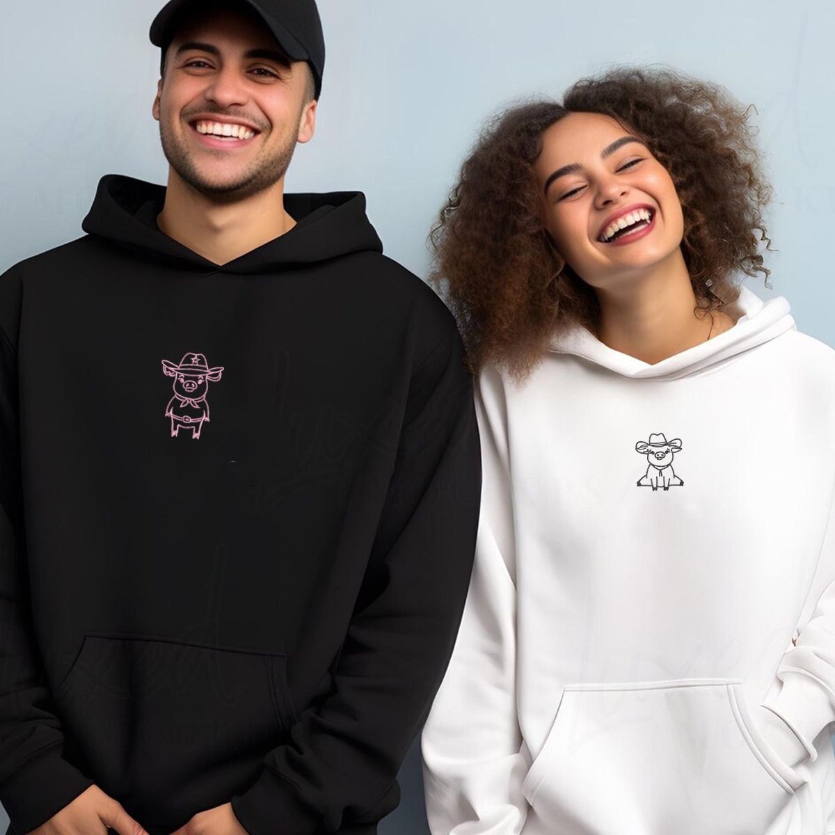 Cowboy Pigs Matching Hoodies for Couples - Custom Embroidered Sweatshirts
