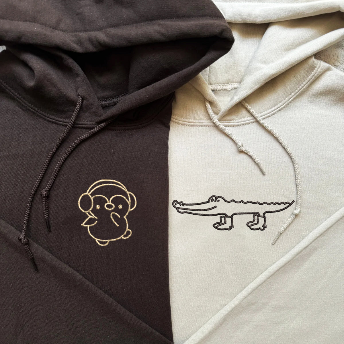 Crocodile and Penguin Matching Hoodies for Couples - Custom Embroidered Sweatshirts