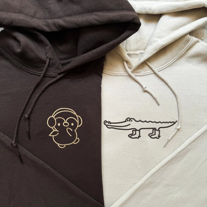 Crocodile and Penguin Matching Hoodies for Couples - Custom Embroidered Sweatshirts