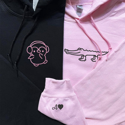 Crocodile and Penguin Matching Hoodies for Couples - Custom Embroidered Sweatshirts