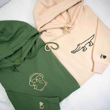 Crocodile and Penguin Matching Hoodies for Couples - Custom Embroidered Sweatshirts