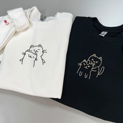 Doodle Cat Love Matching Hoodies for Couples - Custom Embroidered Sweatshirts