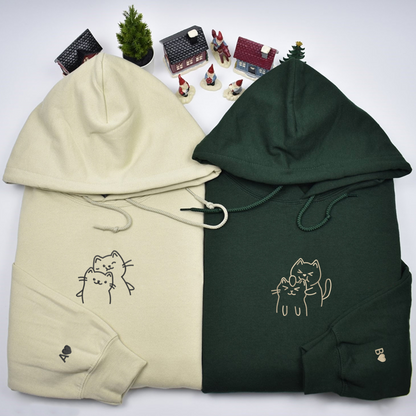 Doodle Cat Love Matching Hoodies for Couples - Custom Embroidered Sweatshirts
