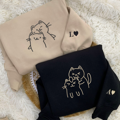 Doodle Cat Love Matching Hoodies for Couples - Custom Embroidered Sweatshirts