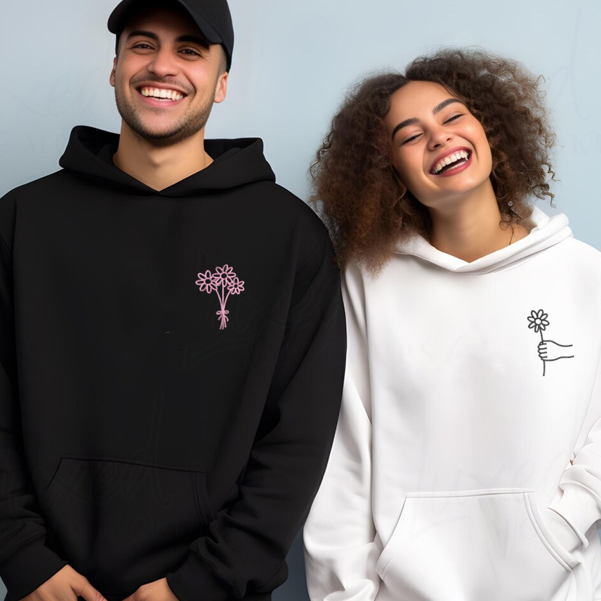 Flower Bouquet Matching Hoodies for Couples - Custom Embroidered Sweatshirts