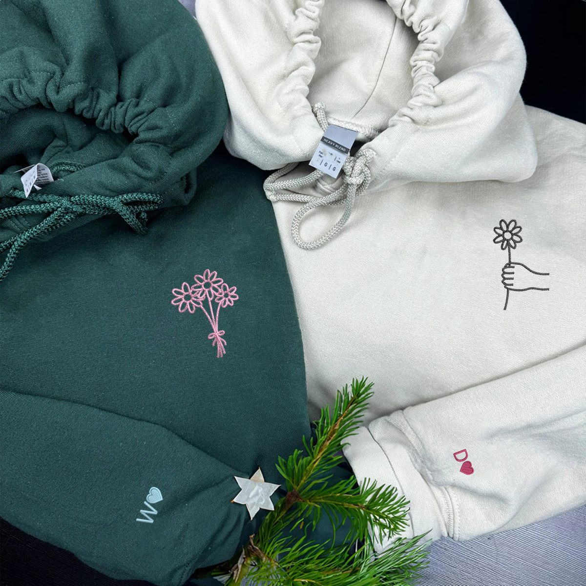Flower Bouquet Matching Hoodies for Couples - Custom Embroidered Sweatshirts